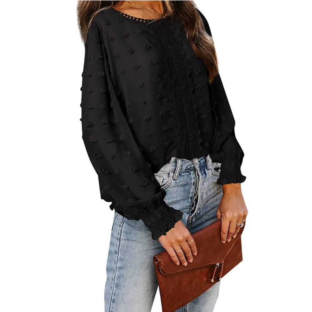 Swiss Dot Long Sleeve Top Soft Breathable Round Neck Pom Pom Lace Blouses for Women Girls Black S