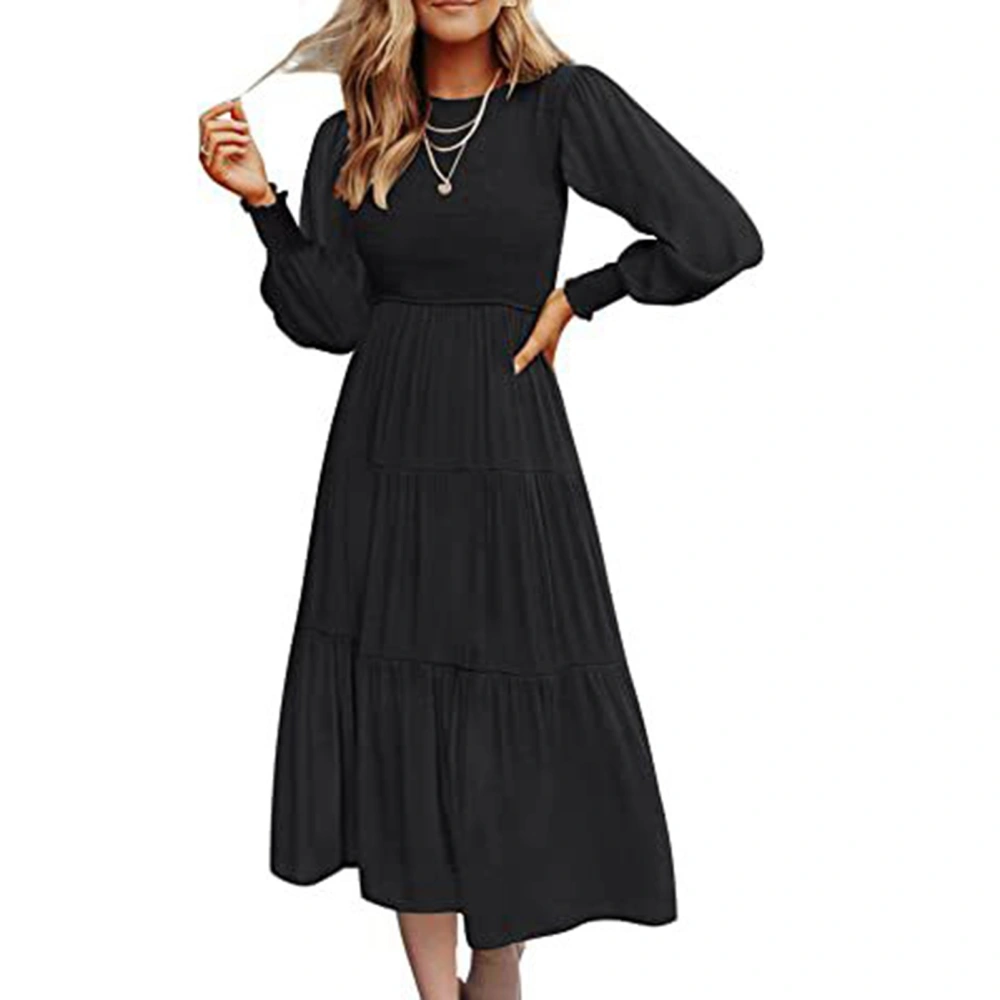 Dress Long Sleeve Round Neck Layered Pleated Casual Fashionable Swing Maxi Dress for Women Black L