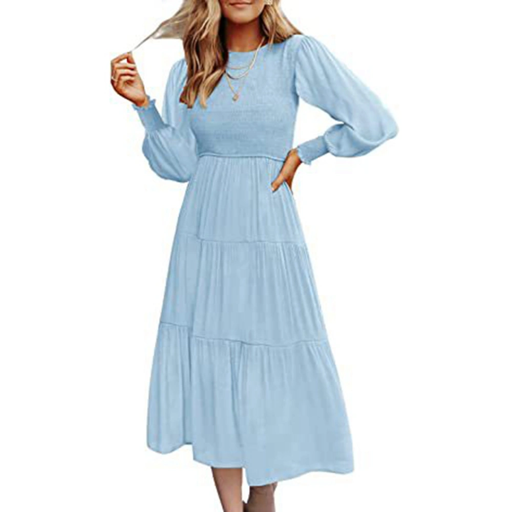 Dress Long Sleeve Round Neck Layered Pleated Casual Fashionable Swing Maxi Dress for Women Light Blue L