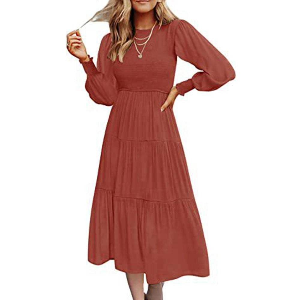 Dress Long Sleeve Round Neck Layered Pleated Casual Fashionable Swing Maxi Dress for Women Dark Red M