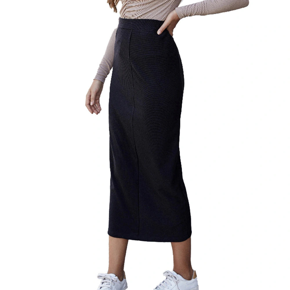 High Waist Bodycon Skirt Slim Fit Stretchy Pencil Autumn Midi Black Simple Skirt for Office Black S