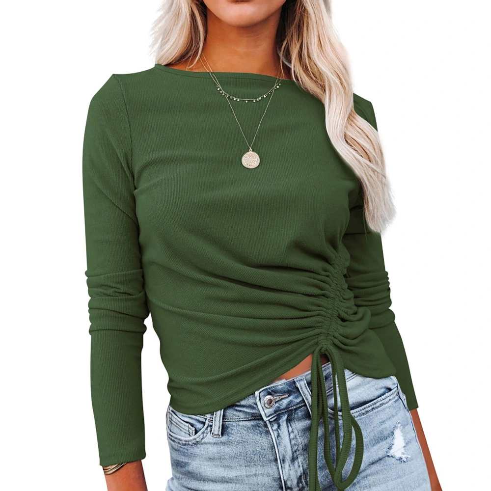 Long Sleeve Fitted Top Round Neck Drawstring Ruched Pure Color Stretchy Knitted Pullover for Work Dating OD Green L