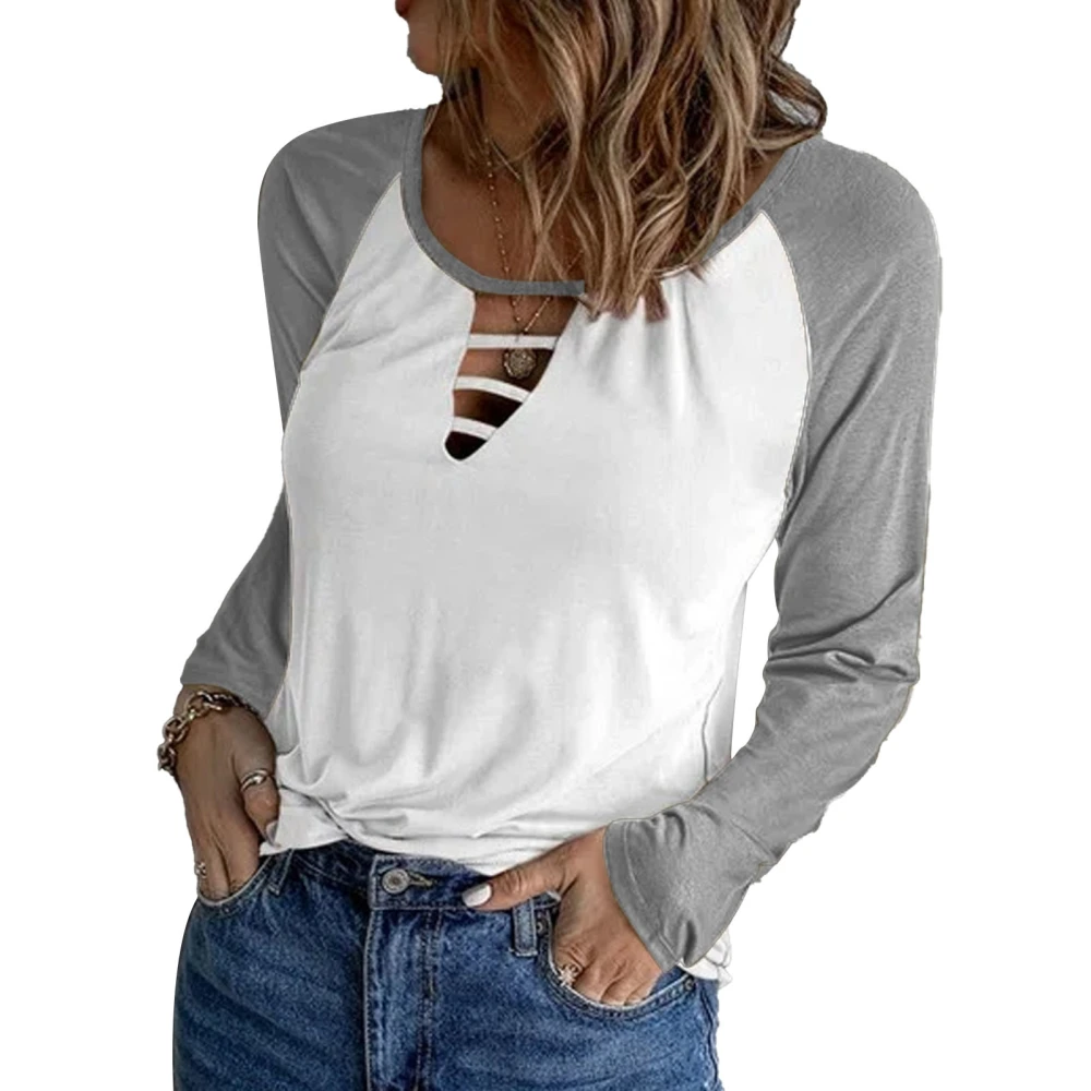 T Shirt Long Sleeve Round Hollow Out Neck Color Blocking Casual Basic Tops for Women White and Gray L