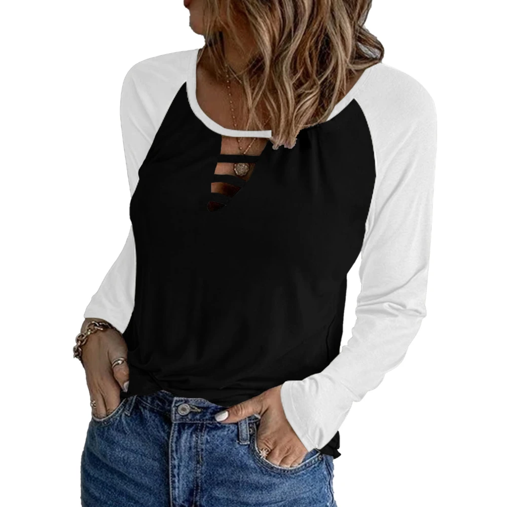 T Shirt Long Sleeve Round Hollow Out Neck Color Blocking Casual Basic Tops for Women Black L