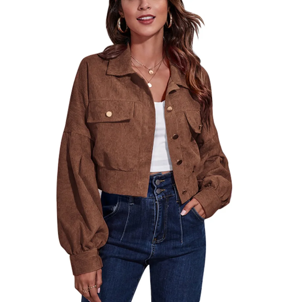 Short Jacket Dropped Shoulder Puff Long Sleeve Pocket Button Casual Tops for Women Brown M