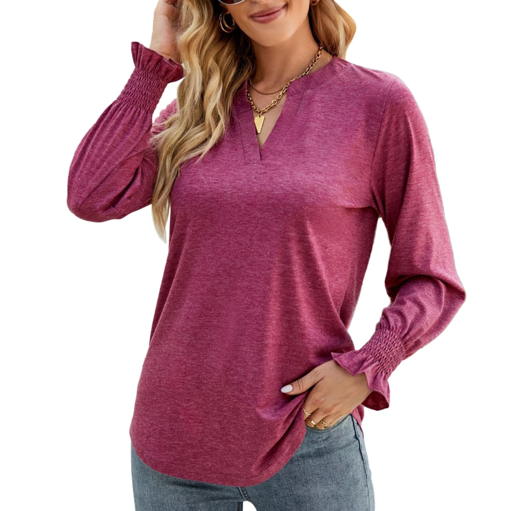 Blouse V Neck Ruffle Cuffs Long Sleeve Pure Color Fashionable Casual Tops for Women Wine Red XXL