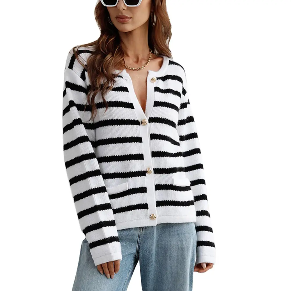 Women Long Sleeve Knit Cardigan Button Down Crew Striped Regular Fit Knit Sweater White L