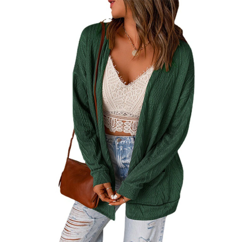 Cardigan Sweater Drop Shoulder Long Sleeve Pocket Pure Color Casual Knit Sweater Jacket for Women Green M