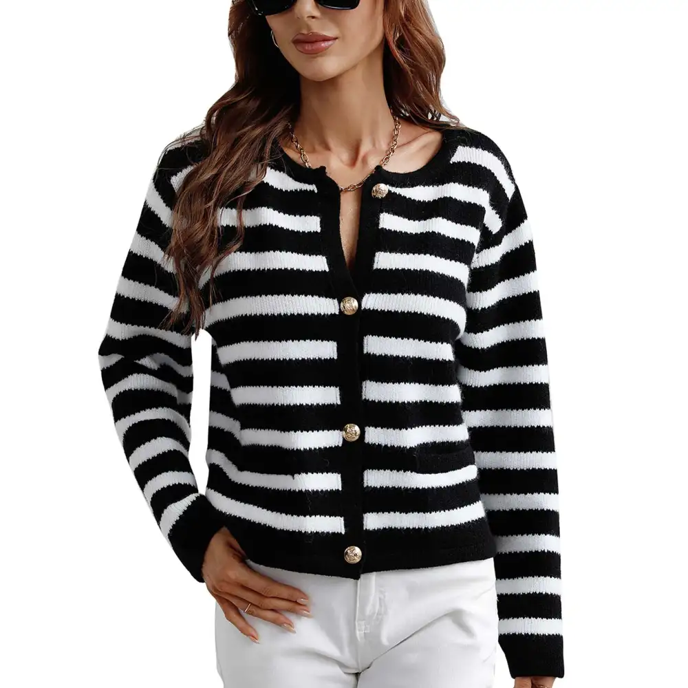 Women Long Sleeve Knit Cardigan Button Down Crew Striped Regular Fit Knit Sweater Black M