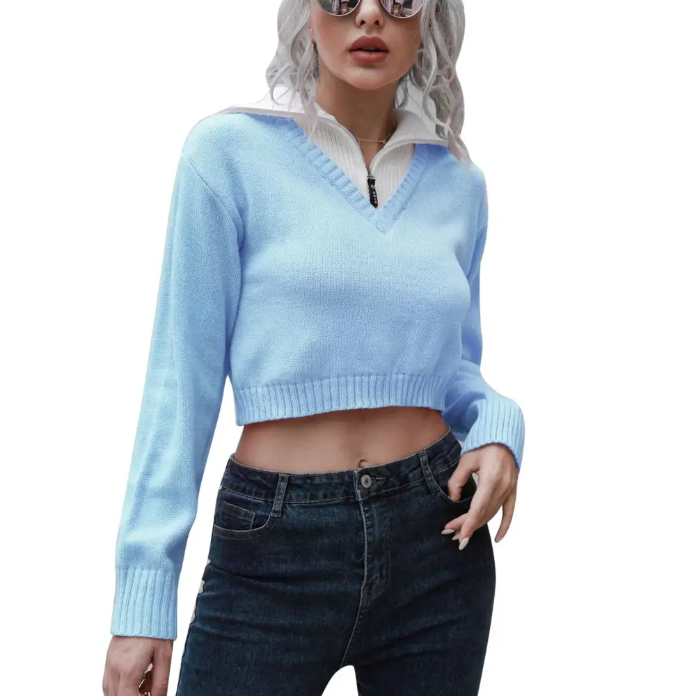 Women Crop Sweater Turn Down Collar Long Sleeve V Neck Solid Color Knitted Pullover Top Sky Blue M