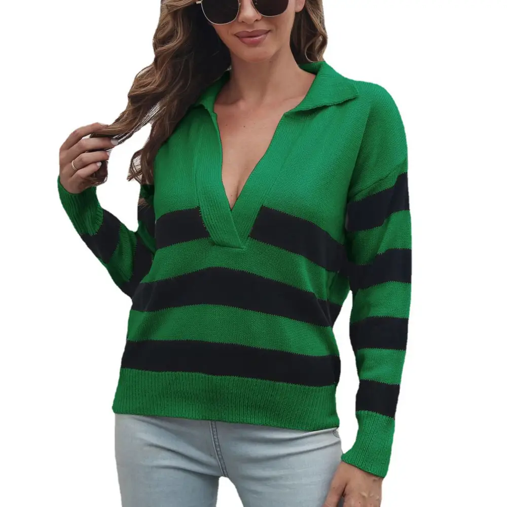 Striped Knit Sweatshirt V Neck Long Sleeve Sweatshirt Casual Loose Pullover Sweaters for Women Green L