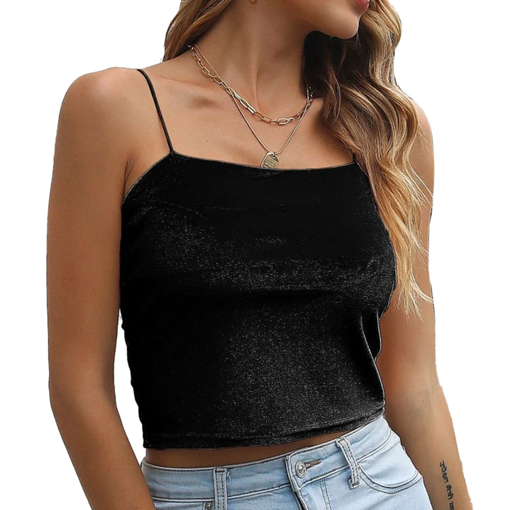 Camisole Tank Top Solid Color Velvet Fashionable Spaghetti Strappy Velvet Sleeveless Top Black M