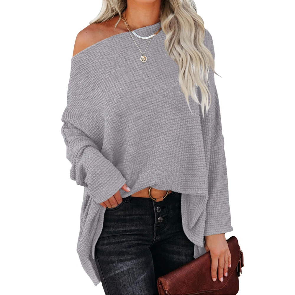 Knit Sweater Batwing Long Sleeve One Shoulder Pure Color Fashionable Casual Tops for Women Grey M