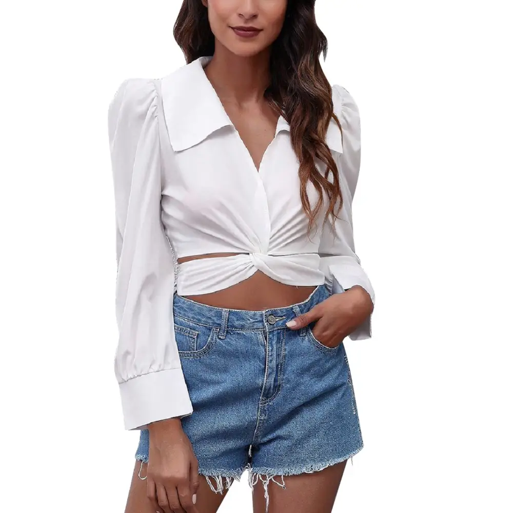 Puff Long Sleeve Crop Top Pure Color Casual Women Twist Front Tie Back Blouse for Daily Wear White L