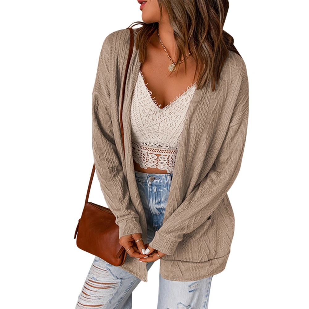 Cardigan Sweater Drop Shoulder Long Sleeve Pocket Pure Color Casual Knit Sweater Jacket for Women Khaki L