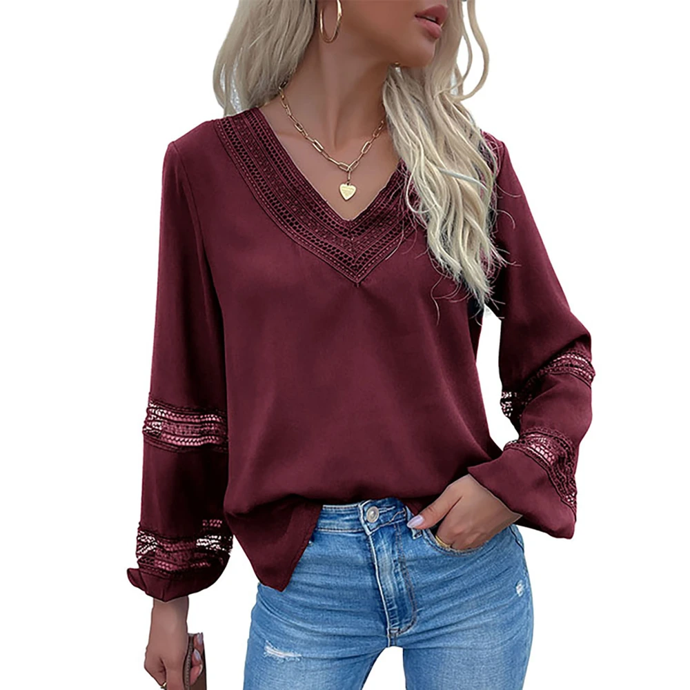 Blouse Long Sleeve Lace Stitching V Neck Pure Color Fashionable Casual Tops for Women Wine Red L