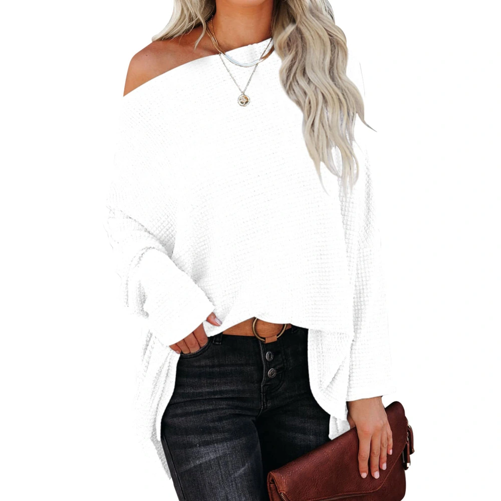 Knit Sweater Batwing Long Sleeve One Shoulder Pure Color Fashionable Casual Tops for Women White L