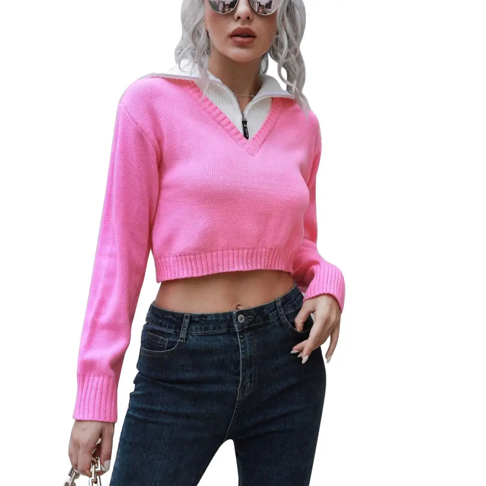 Women Crop Sweater Turn Down Collar Long Sleeve V Neck Solid Color Knitted Pullover Top Pink S