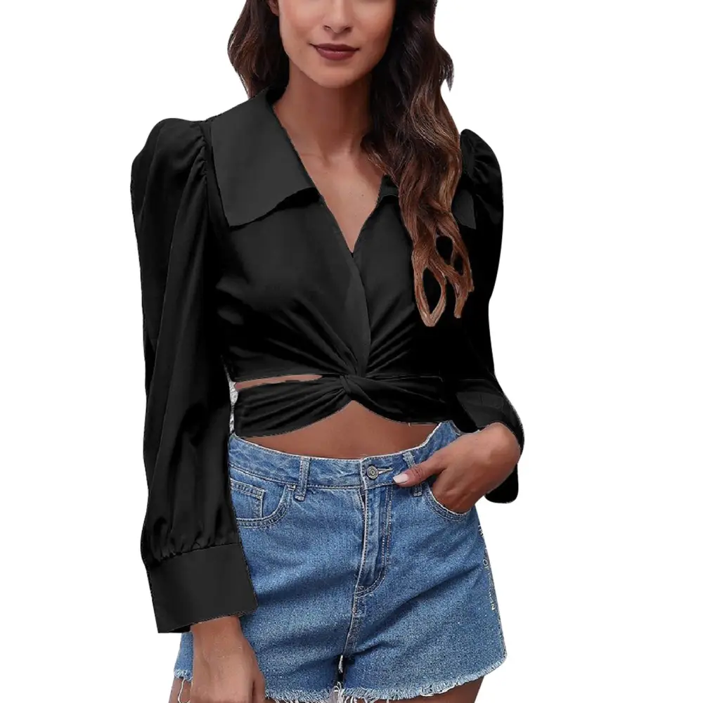 Puff Long Sleeve Crop Top Pure Color Casual Women Twist Front Tie Back Blouse for Daily Wear Black L