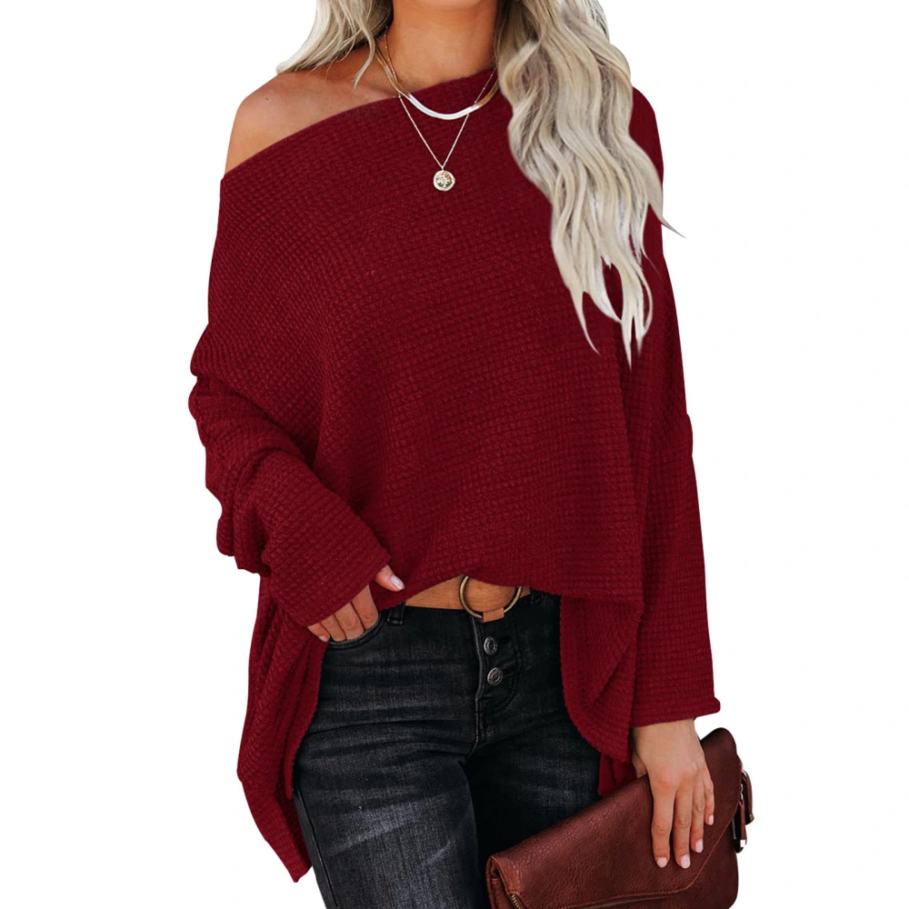 Knit Sweater Batwing Long Sleeve One Shoulder Pure Color Fashionable Casual Tops for Women Wine Red M