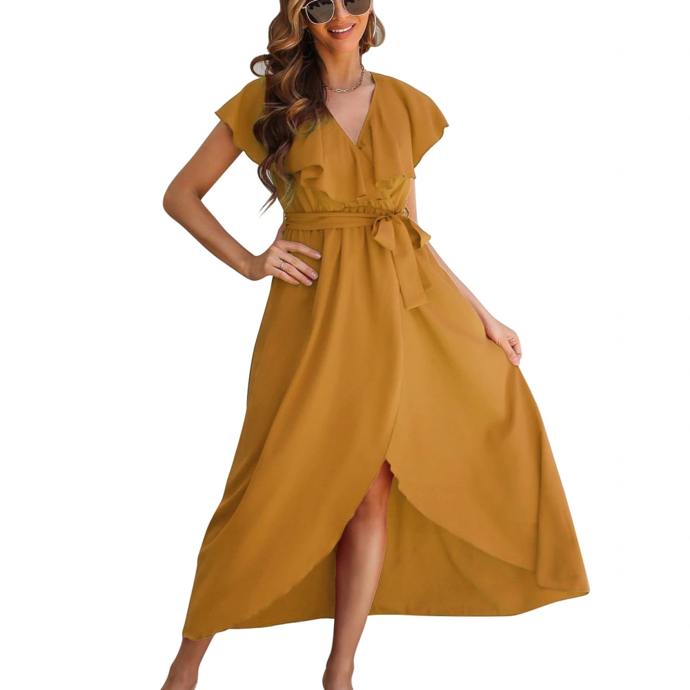 Women Long Dress V Neck Belted Ruffle Sleeve Side Wrap Pure Color Wide Hem Dress for Lady Girls Yellow L