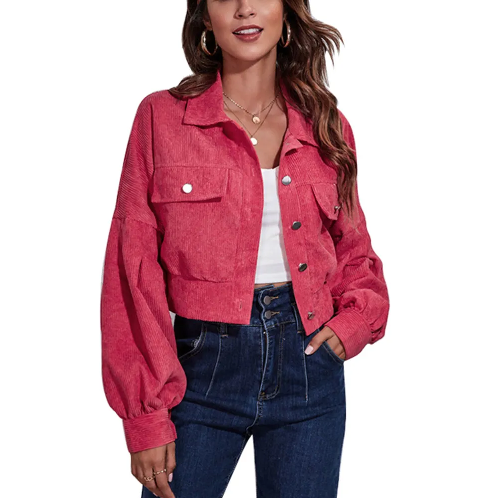 Short Jacket Dropped Shoulder Puff Long Sleeve Pocket Button Casual Tops for Women Watermelon Red S