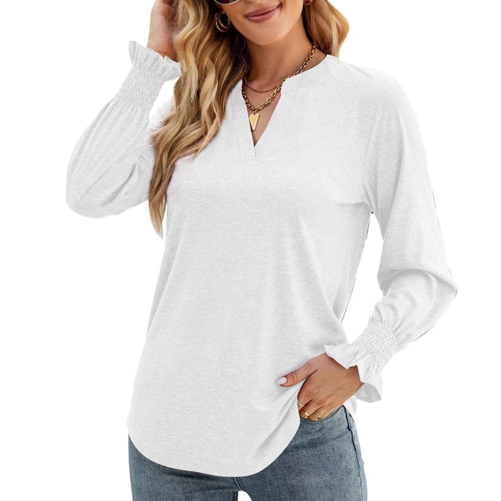 Blouse V Neck Ruffle Cuffs Long Sleeve Pure Color Fashionable Casual Tops for Women White L