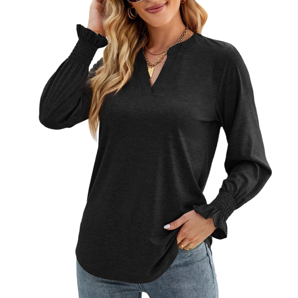 Blouse V Neck Ruffle Cuffs Long Sleeve Pure Color Fashionable Casual Tops for Women Black L