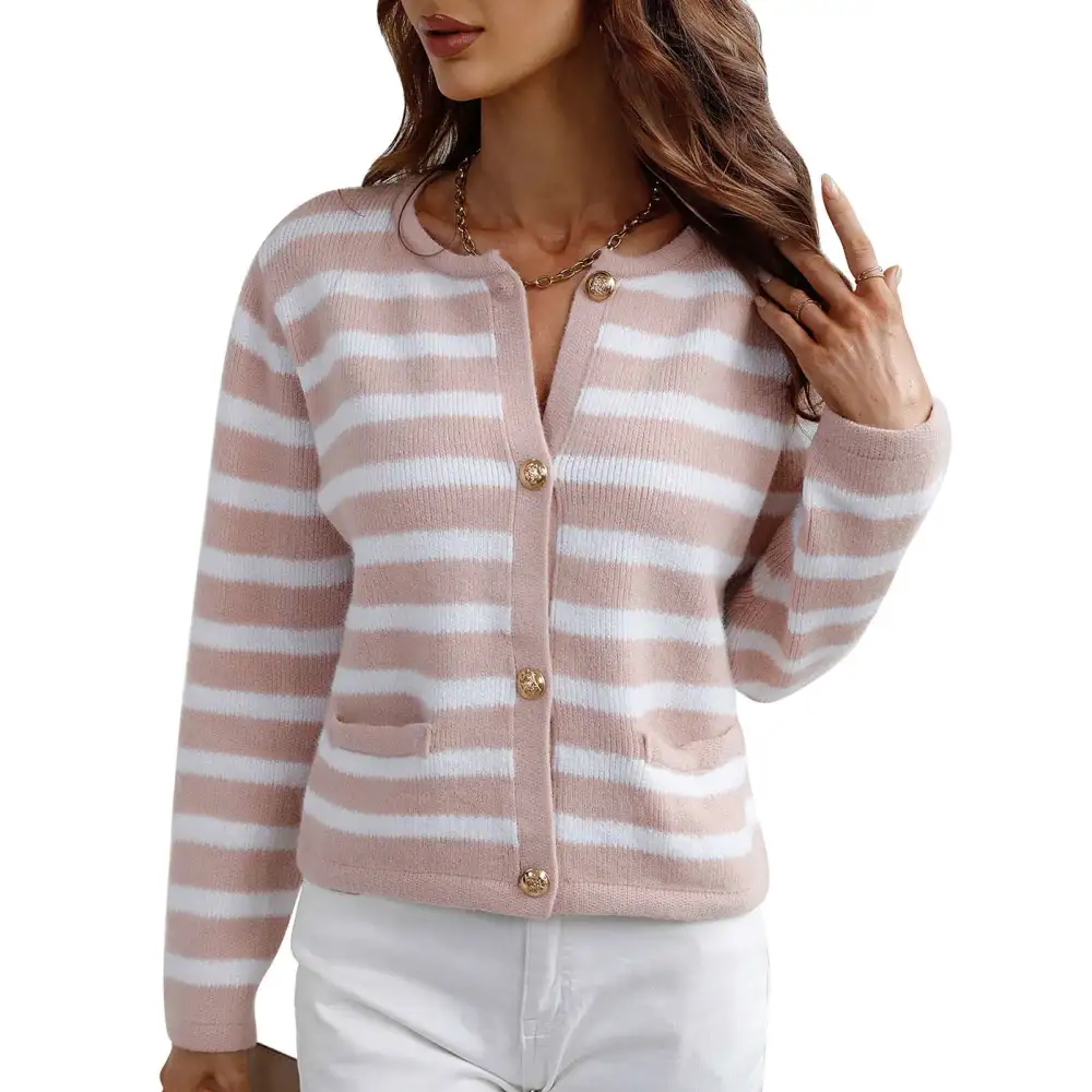 Women Long Sleeve Knit Cardigan Button Down Crew Striped Regular Fit Knit Sweater Pink M