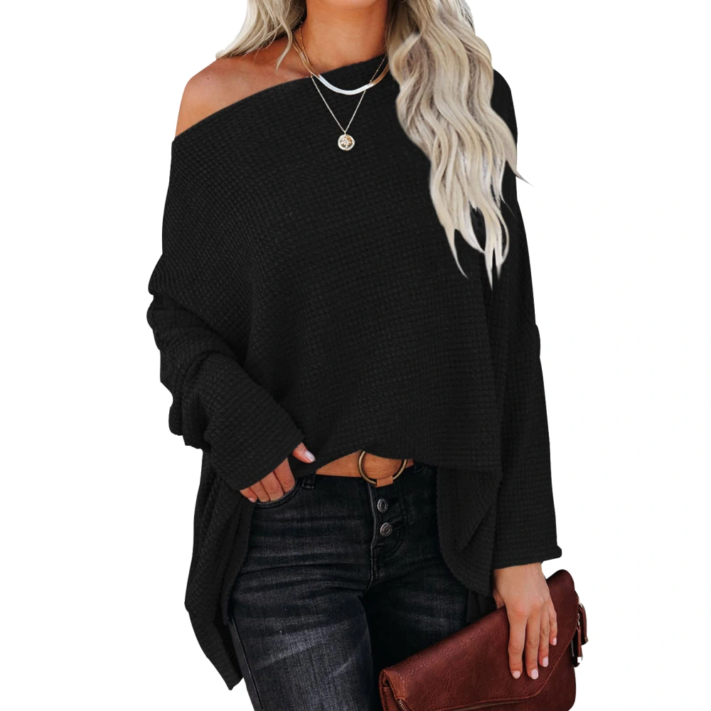 Knit Sweater Batwing Long Sleeve One Shoulder Pure Color Fashionable Casual Tops for Women Black XL