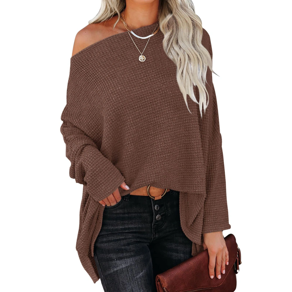 Knit Sweater Batwing Long Sleeve One Shoulder Pure Color Fashionable Casual Tops for Women Coffee S