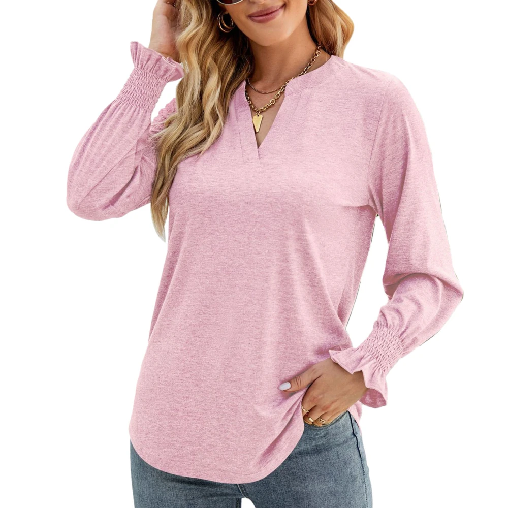 Blouse V Neck Ruffle Cuffs Long Sleeve Pure Color Fashionable Casual Tops for Women Light Pink XL