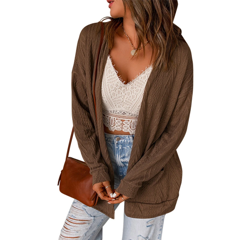 Cardigan Sweater Drop Shoulder Long Sleeve Pocket Pure Color Casual Knit Sweater Jacket for Women Brown XXL