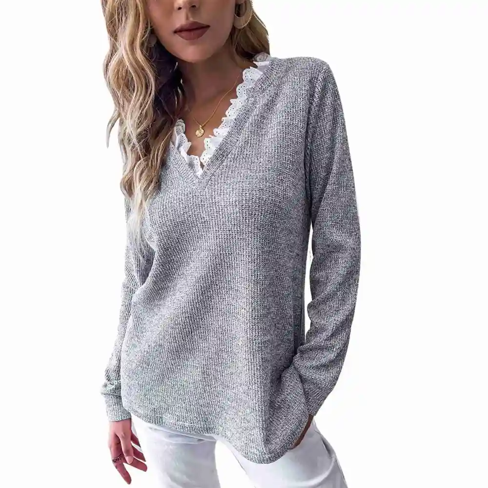 Polyester Top Loose Casual Long Sleeve V Neck Single Color Pullover T Shirt for Women Light Grey L