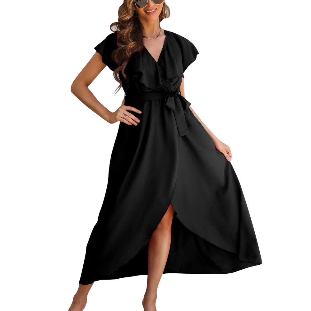 Women Long Dress V Neck Belted Ruffle Sleeve Side Wrap Pure Color Wide Hem Dress for Lady Girls Black S