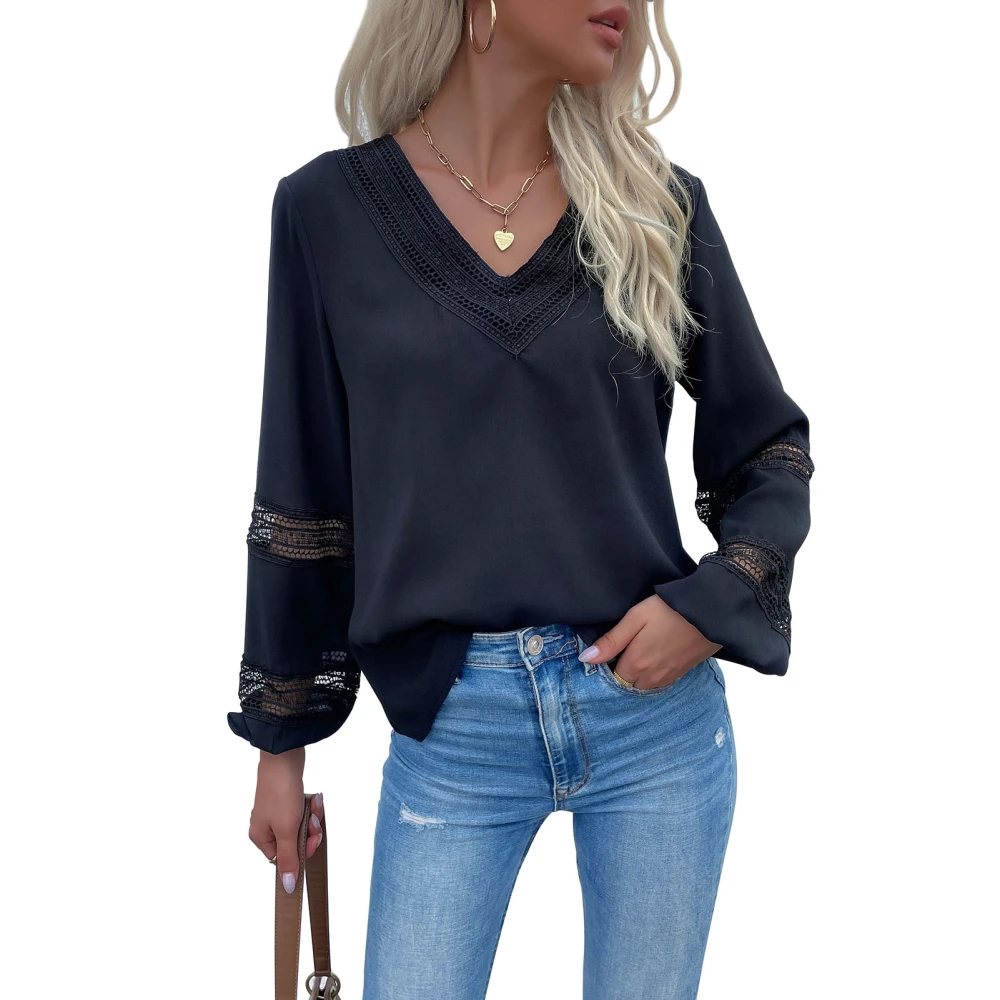 Blouse Long Sleeve Lace Stitching V Neck Pure Color Fashionable Casual Tops for Women Black L