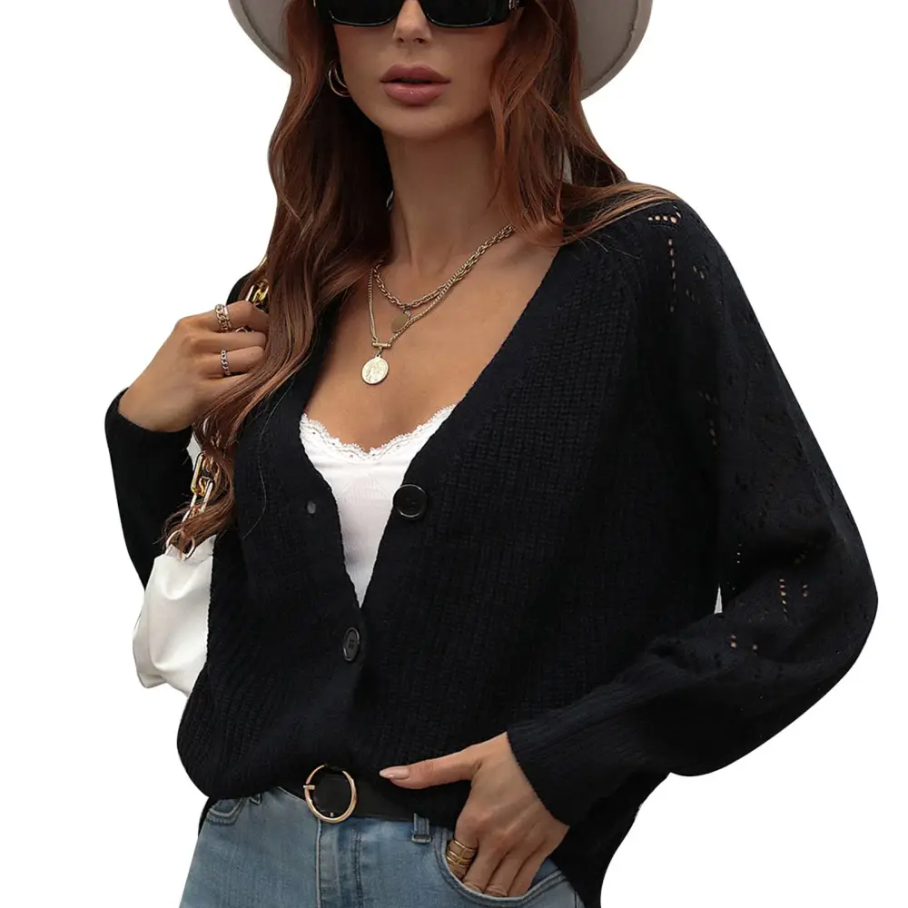 Womens Knit Cardigan Sweater V Neck Long Sleeve Button Down Plain Color Loose Outerwear Tops for Fall Winter Spring Black XL