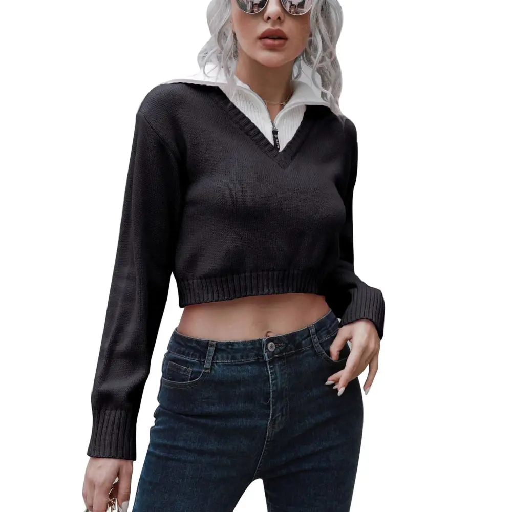 Women Crop Sweater Turn Down Collar Long Sleeve V Neck Solid Color Knitted Pullover Top Black S