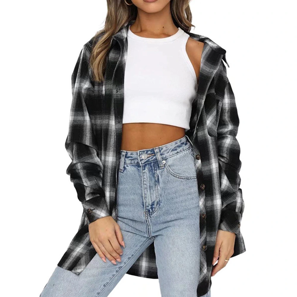 Plaid Shirt Long Sleeve Lapel Pocket Single Breasted Casual Loose Tops for Women Black M