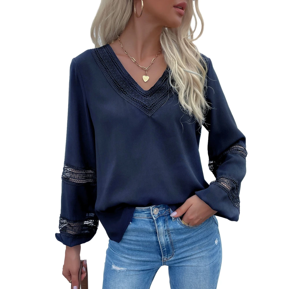 Blouse Long Sleeve Lace Stitching V Neck Pure Color Fashionable Casual Tops for Women Purplish Blue XL