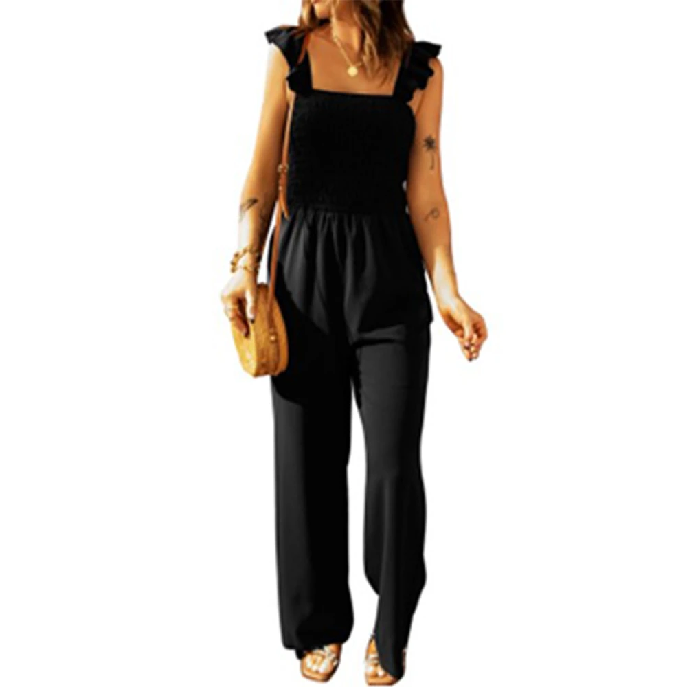 Formal Long Jumpsuit Pure Color Sleeveless Wide Leg Pants Pocket Loose Fit Jumpsuit L Black