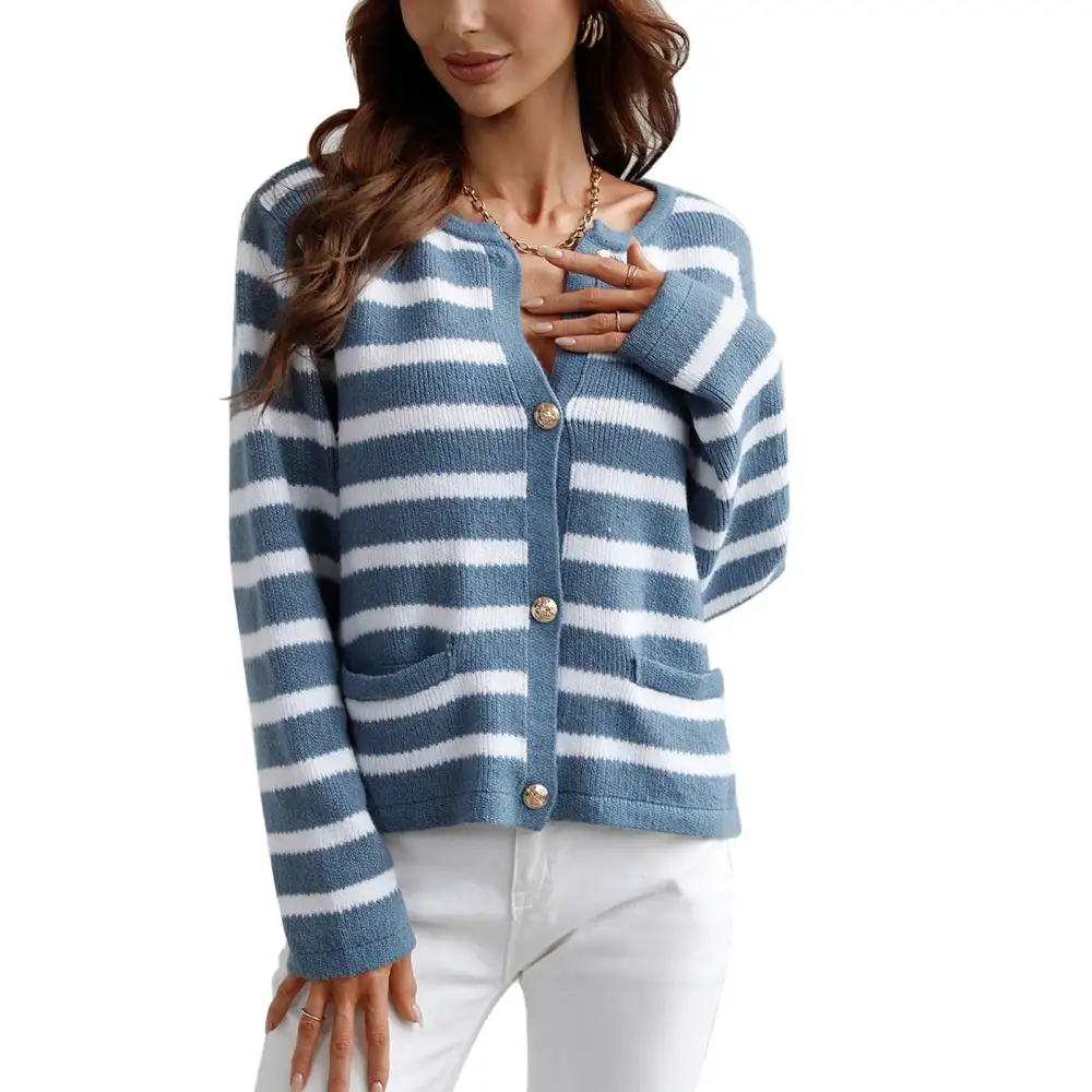 Women Long Sleeve Knit Cardigan Button Down Crew Striped Regular Fit Knit Sweater Blue M