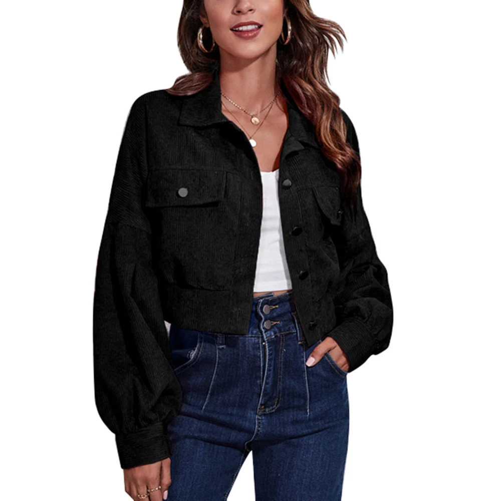 Short Jacket Dropped Shoulder Puff Long Sleeve Pocket Button Casual Tops for Women Black L