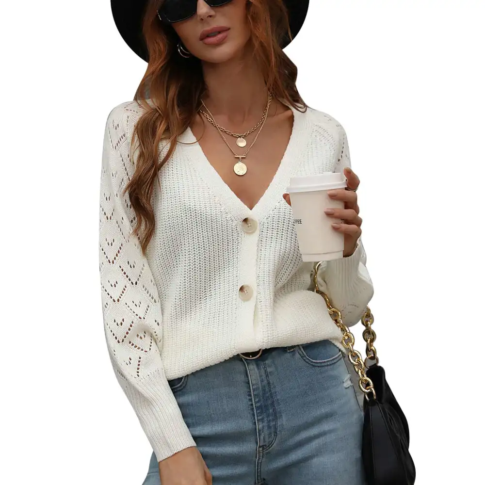 Womens Knit Cardigan Sweater V Neck Long Sleeve Button Down Plain Color Loose Outerwear Tops for Fall Winter Spring White M