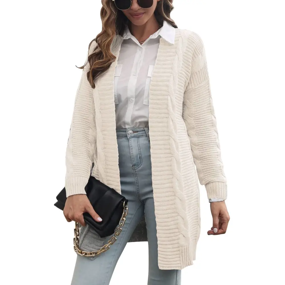 Long Sleeve Knit Cardigan Women Loose Casual Elegant Pure Color Cardigan Sweater for Daily Life Work Apricot M