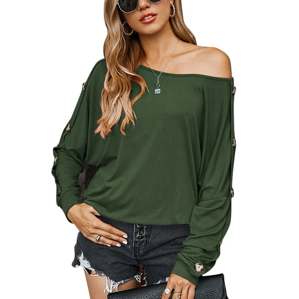 Pure Color Long Sleeve T Shirt Women Loose Casual Stylish Crewneck Button Decor Blouse Tops for Daily Work OD Green L