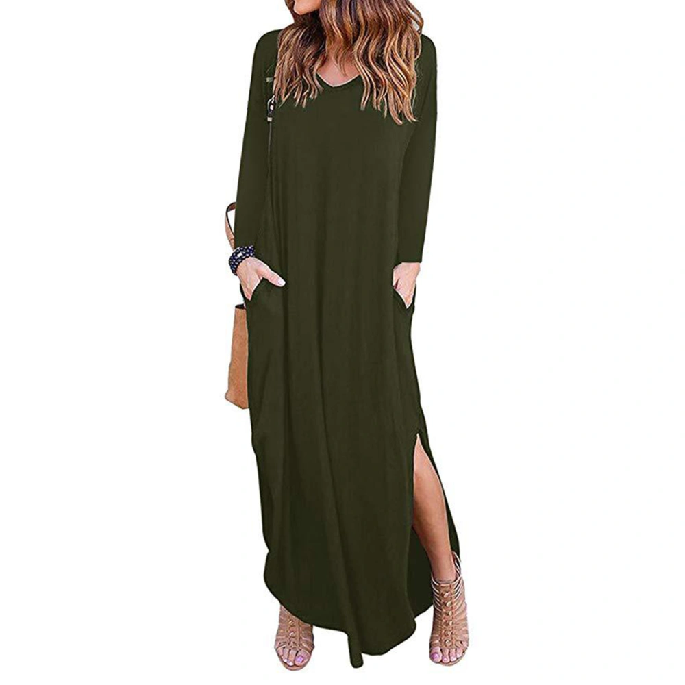 Dress Long Sleeve Side Slit V Neck Pocket Irregular Hem Pure Color Maxi Dress for Women OD Green S