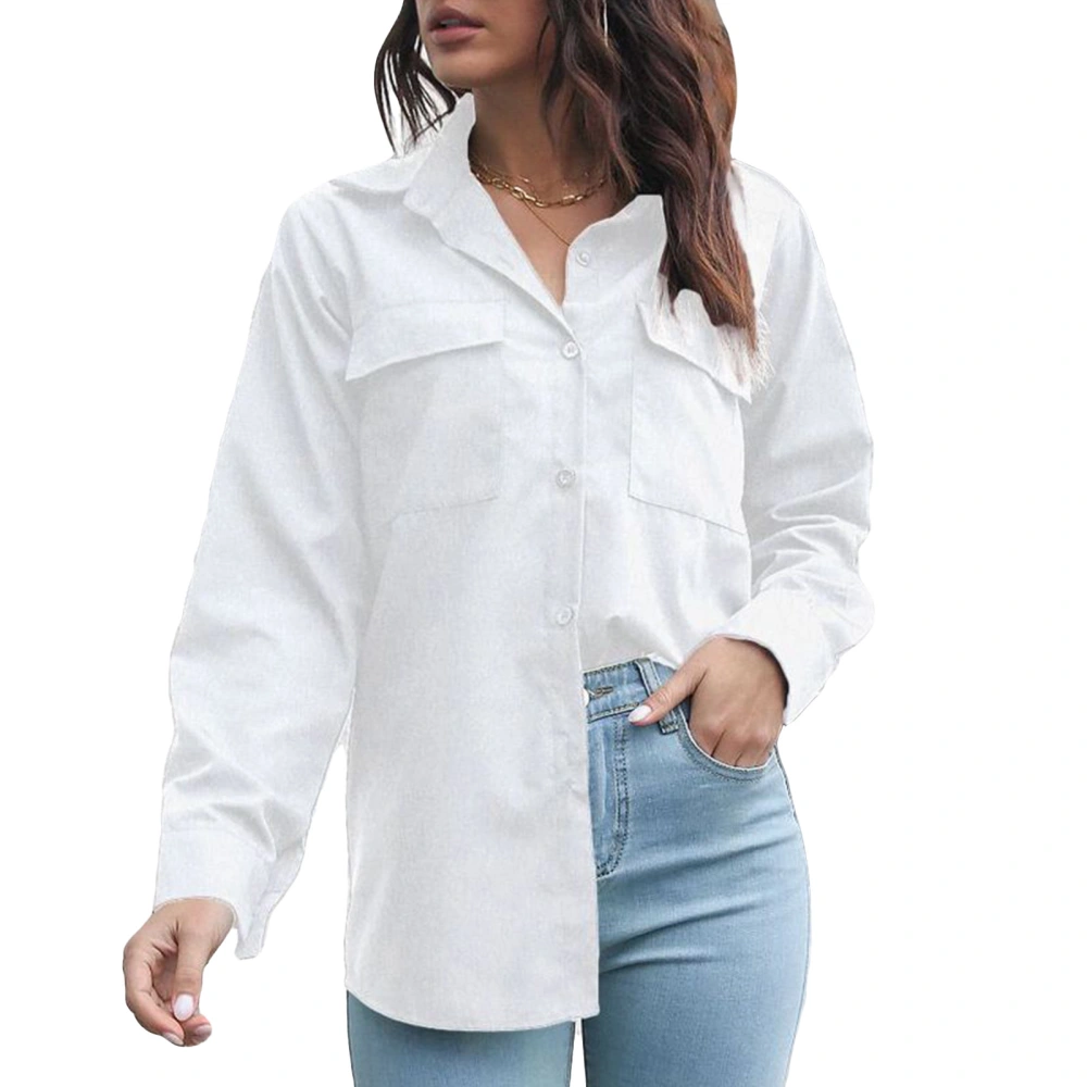 Blouse Long Sleeve V Neck Two Pockets Button Pure Color Fashionable Loose Shirt for Women White M