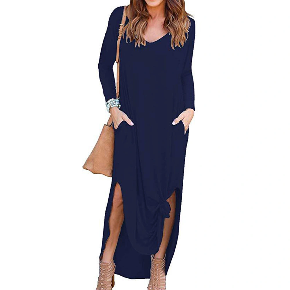 Dress Long Sleeve Side Slit V Neck Pocket Irregular Hem Pure Color Maxi Dress for Women Purplish Blue M