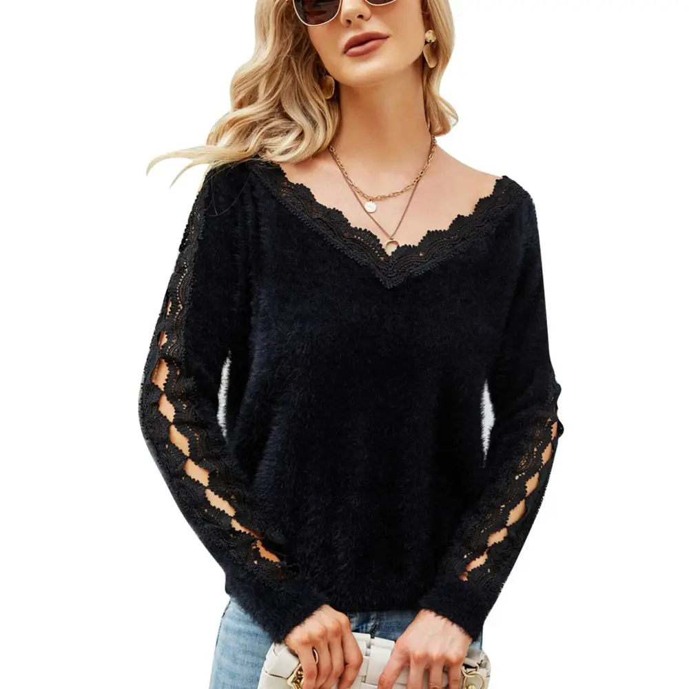 Women Off Shoulder V Neck Sweater Long Sleeve Pure Color Lace Pullover Sweater for Winter Black S